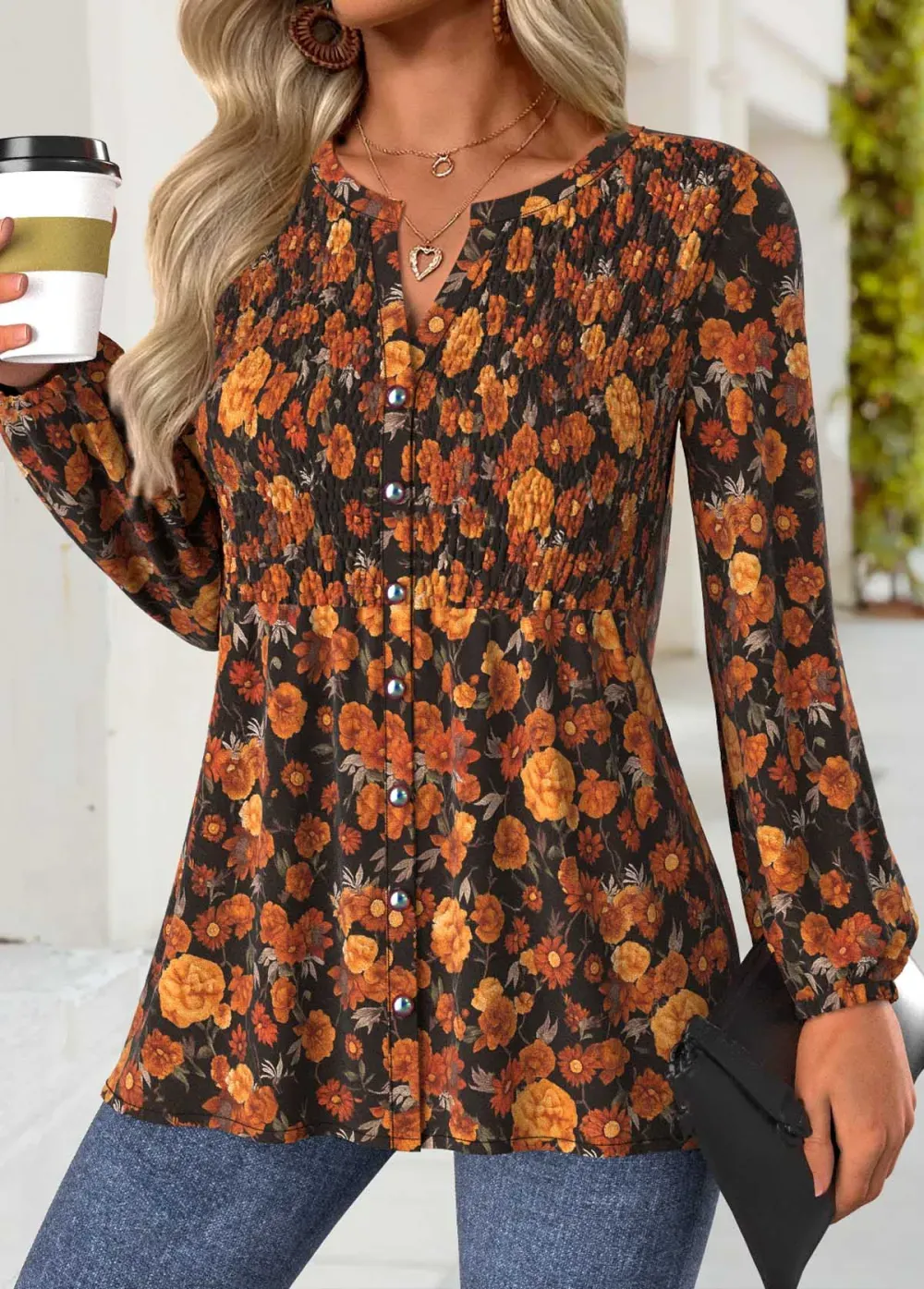 Terracotta Peplum Floral Print Long Sleeve Split Neck Blouse