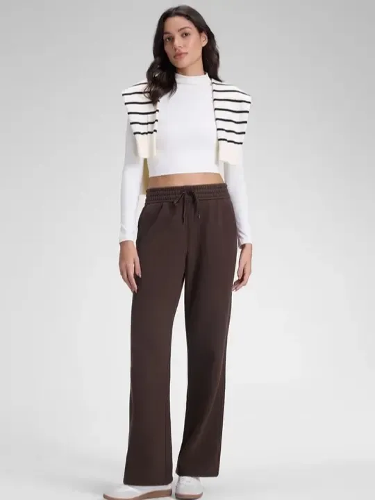 Women's cotton fleece-lined track pants, straight leg casual loungewear track pants