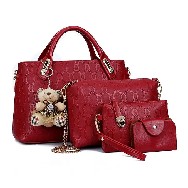 Women's Handbag Shoulder Bag Clutch Credit Card Holder Wallet PU Leather 4 Pieces Outdoor Office Shopping Embossed Solid Color Light Brown Black Red