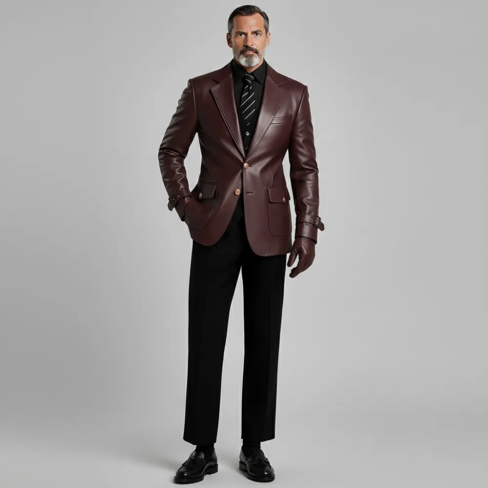 Men's Dark Brown Notched Lapel Long Sleeve Two Button Flap Pockets Buckle Cuffs PU Leather Blazer