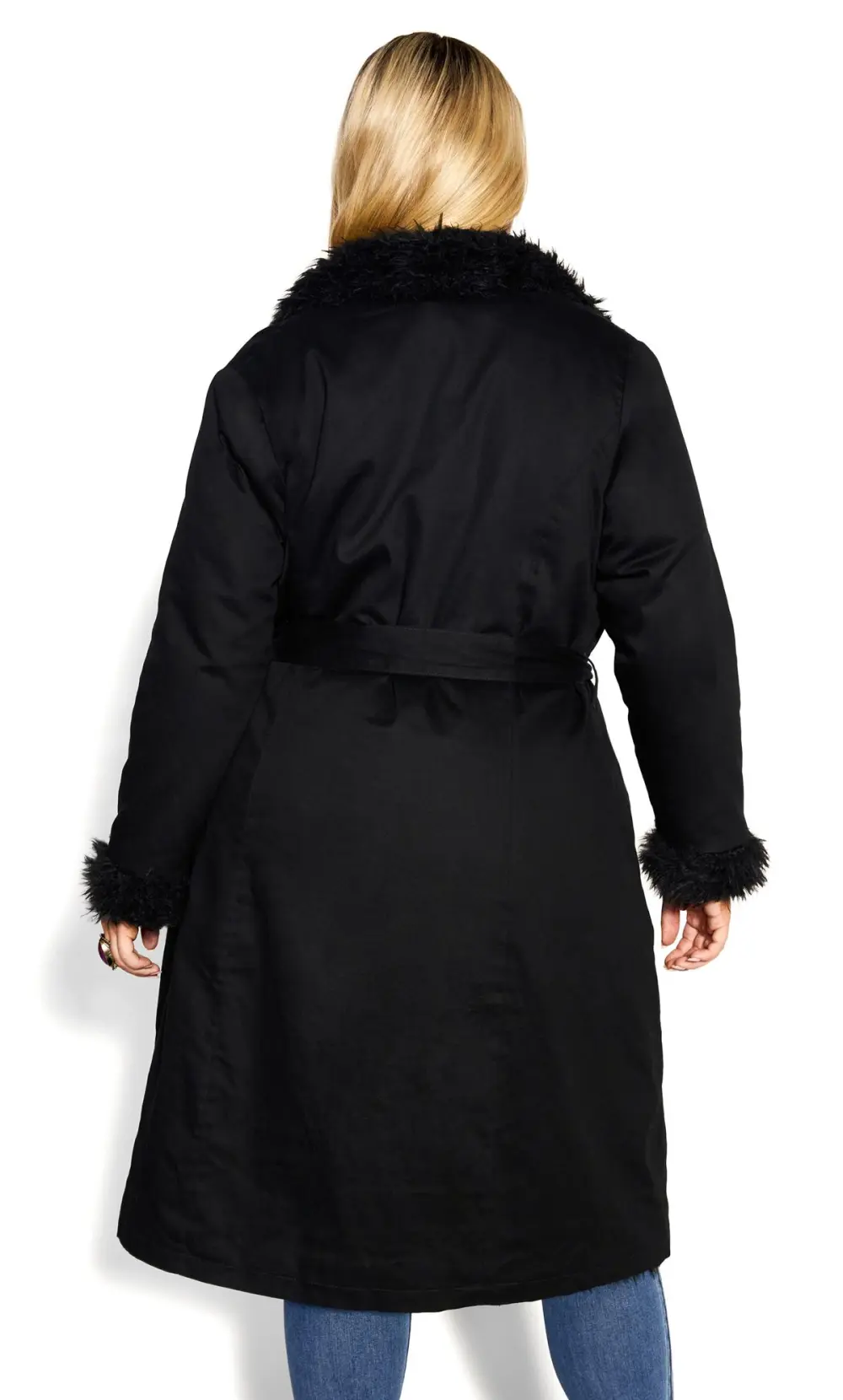 Evans Black Faux Fur Trim Tie Waist Coat