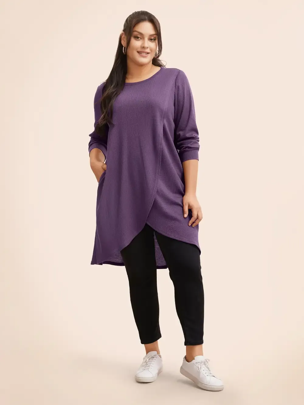 Solid Waffle Knit Overlap Hem T-Shirt