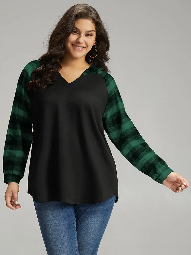 Plaid Print Hooded Patchwork Sweatshirt