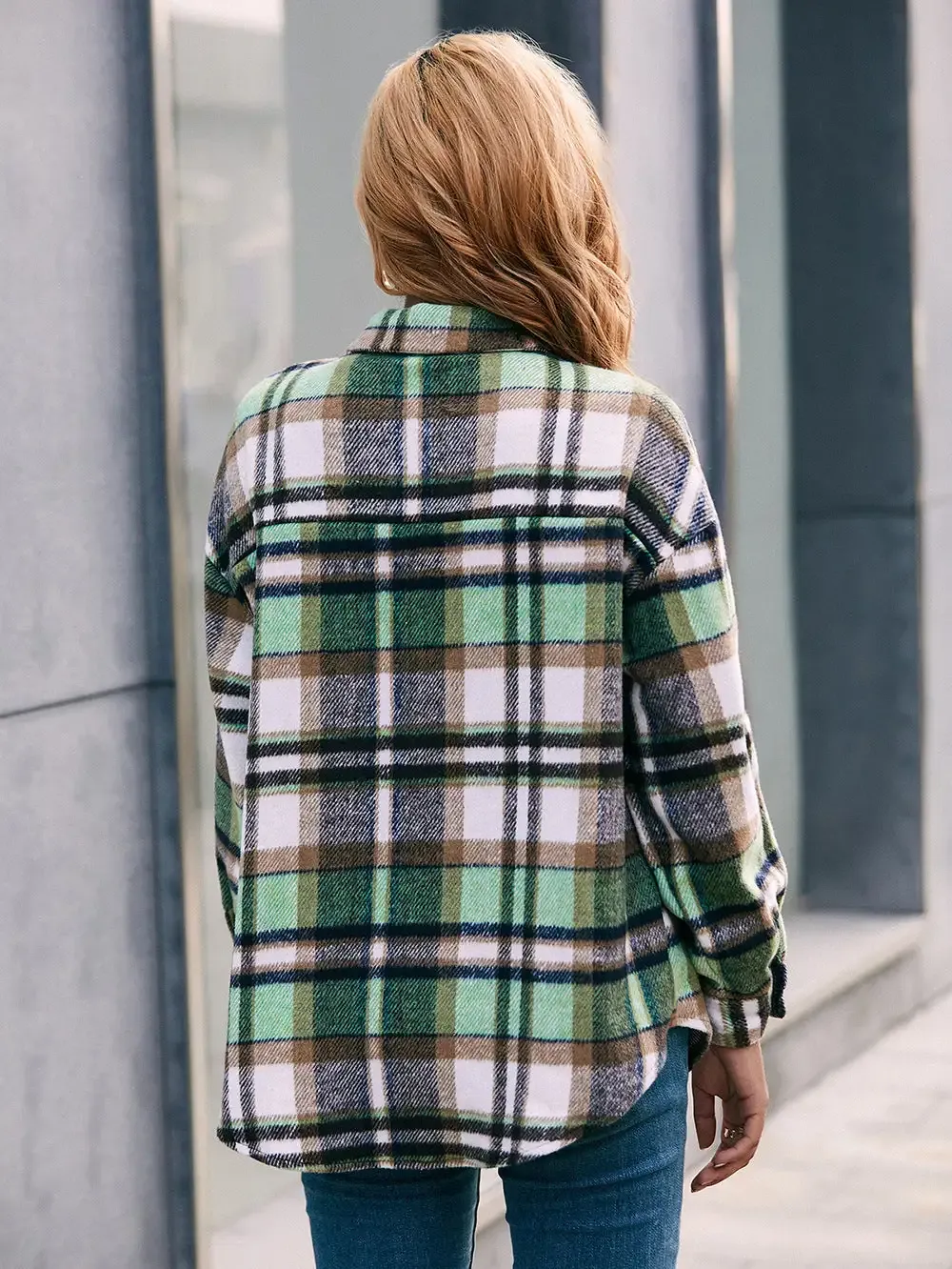 Plaid Button Down Curved Hem Shacket