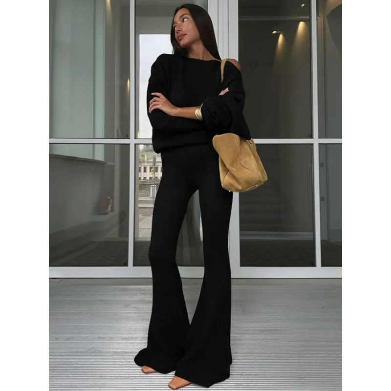 Women's Solid Asymmetrical Neck Top & Flare Leg Pants Set