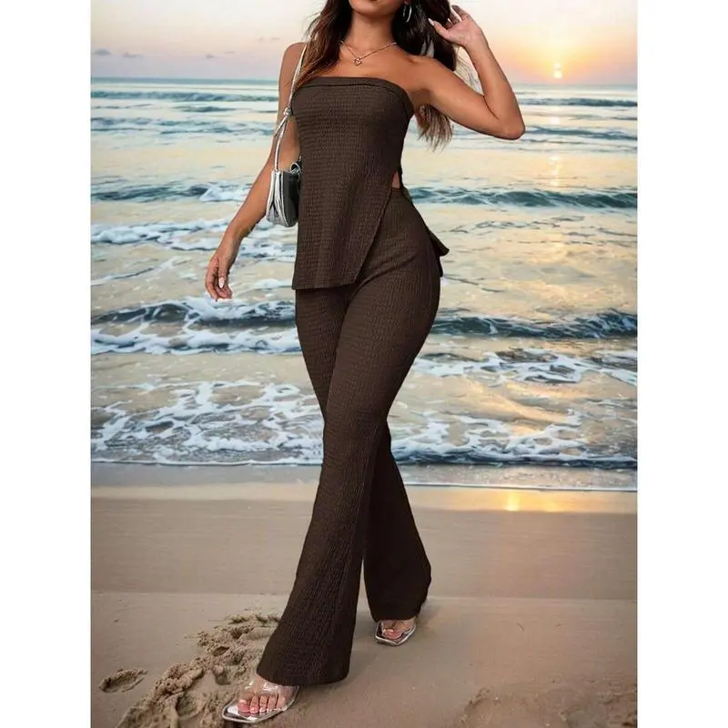 Women's Summer Two-Piece Set – Strapless Top & High-Slit Flare Pants, Casual Resort Outfit