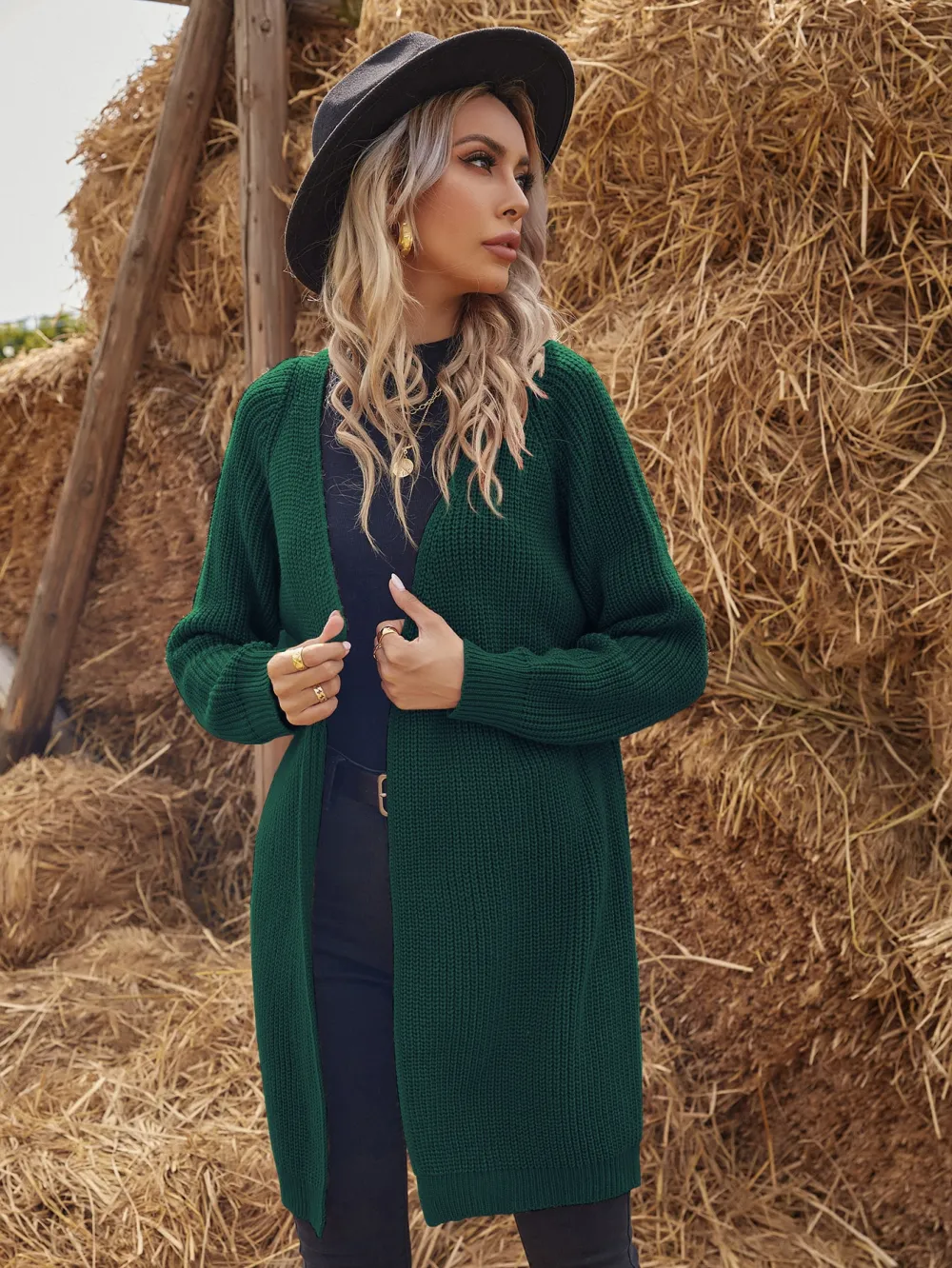 Solid Raglan Sleeve Open Front Cardigan
