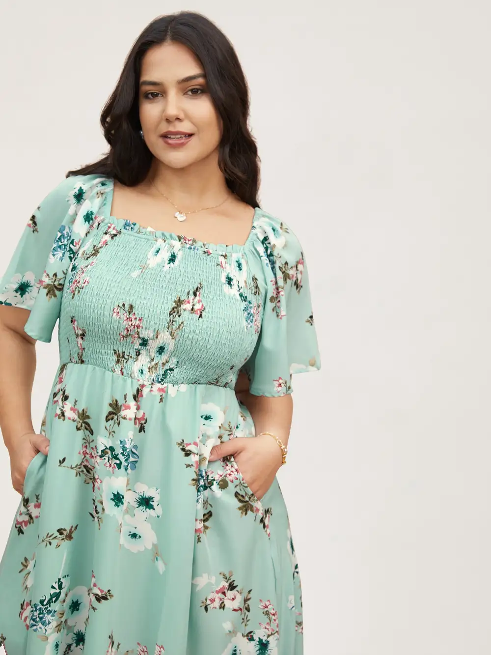 Floral Square Neck Ruffles Pocket Shirred Split Dress