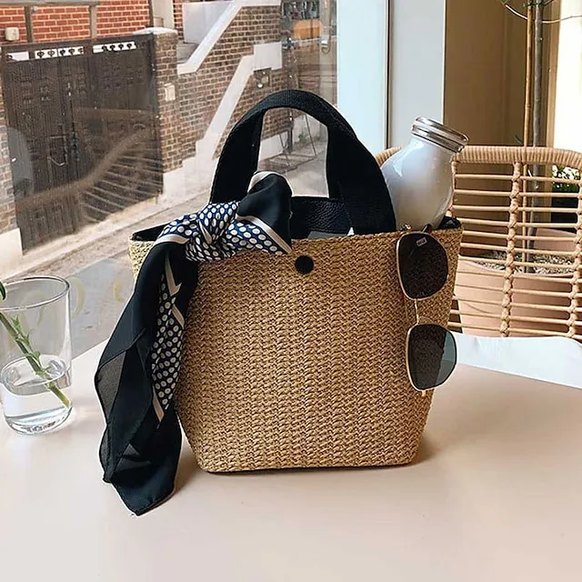 Women's Top Handle Bag Straw Daily Going out Pearls Geometric Black White