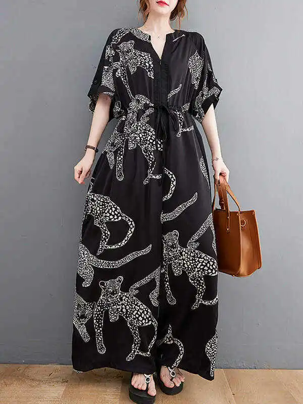Vintage Original Floral Leopard Printed Split-Joint Tied V-Neck Half Sleeves Wide Leg Jumpsuits