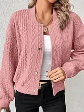 Women's Casual Jacket Dailywear Stand Collar Button Solid Color Warm Fashion Loose Fit Outerwear Long Sleeve Spring Black S