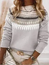 Women's Sweater Fair Isle Sweater Pullover Casual Soft Floral Ribbed Crew Neck Knitted Print Long Sleeve Regular Tops Knit Outdoor Daily Holiday Red Blue Fall Winter