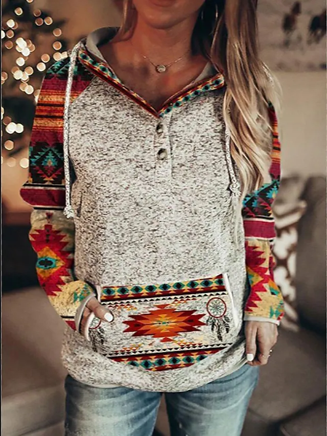 Women's Hoodie Sweatshirt Pullover Vintage Sports Ethnic Button Drawstring Front Pocket Red Blue Green Graphic Geometric Vintage Street Casual Hoodie Long Sleeve Top Micro-elastic Fall & Winter