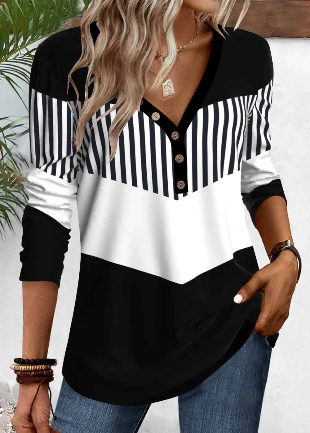 Black Button Geometric Print Long Sleeve T Shirt