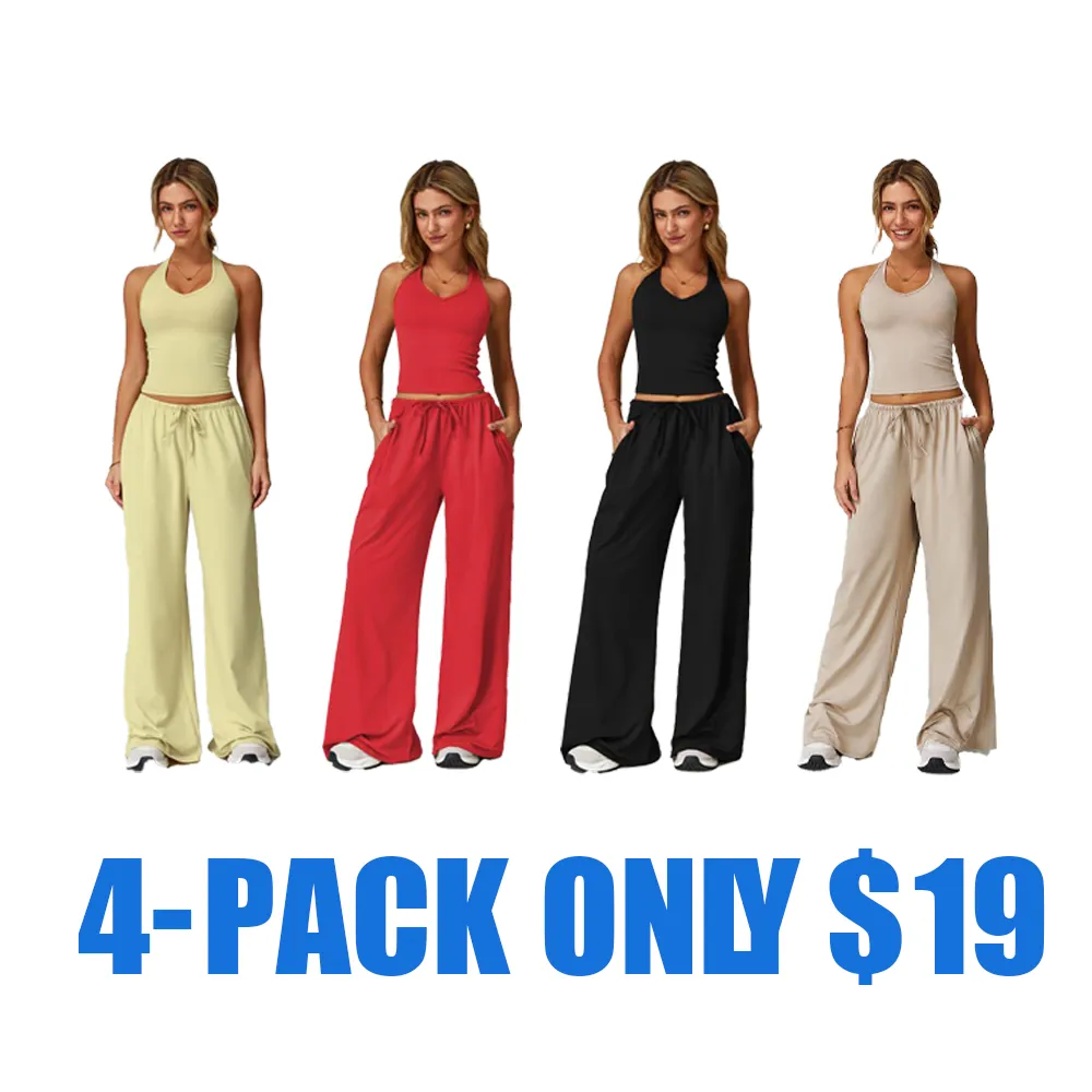 Women's Summer 2 Piece Set – Sleeveless V Neck Crop Top & Wide Leg Pants, Casual Lightweight Outfit