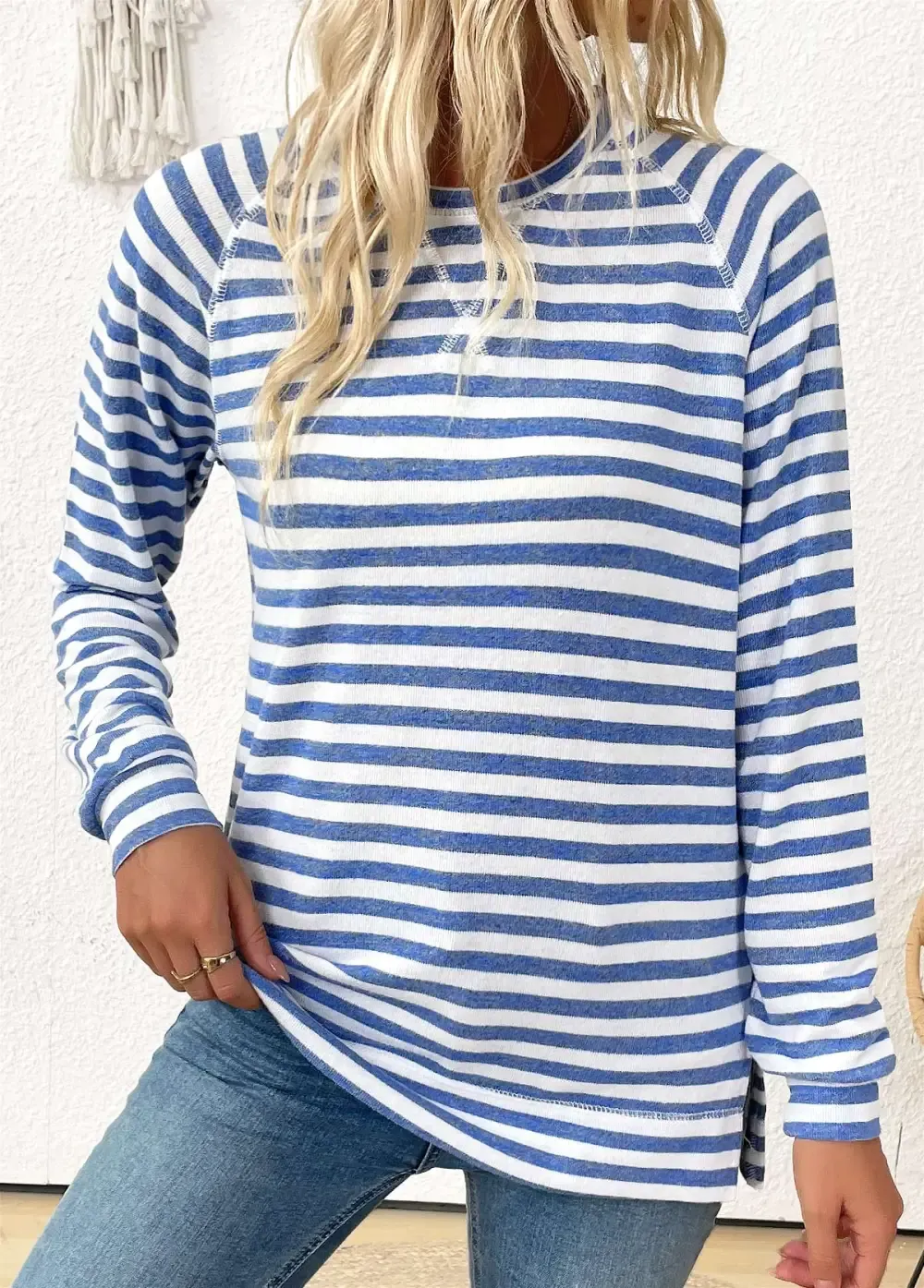 Light Blue Striped Long Sleeve Round Neck T Shirt