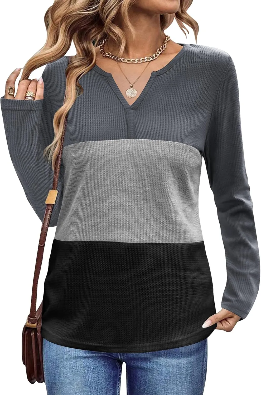 Women's Waffle Shirts V Neck Long Sleeve Tops Color Block T-Shirts Casual Tunics 2024 Fashion Basic Tees