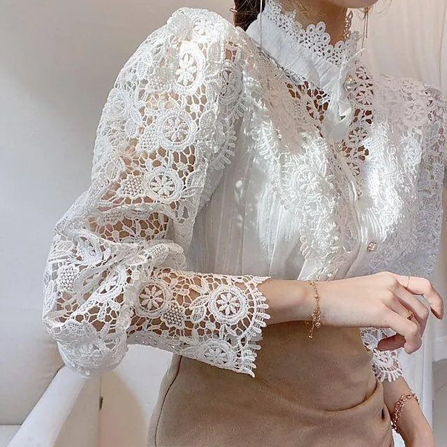 Women's Blouse Solid Colored Black White Apricot Hole Daily Fashion Elegant & Luxurious Elegant Shirt Collar Regular Fit Spring Fall Winter