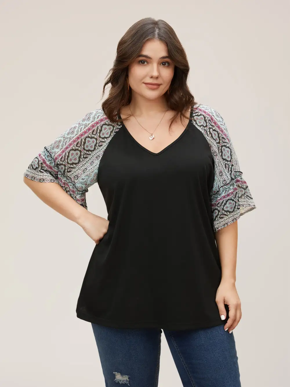 Boho Print Patchwork Raglan Sleeve T-shirt