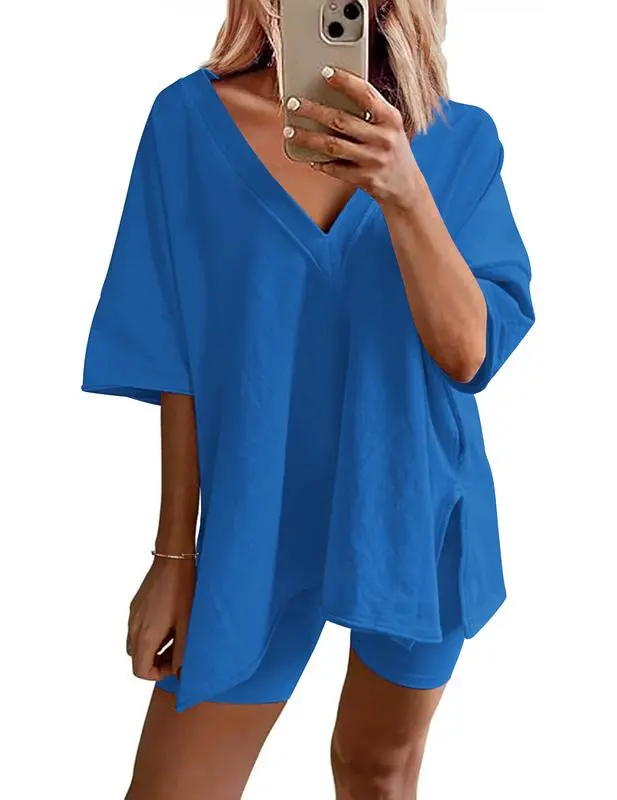 Women's 2-Piece Summer Lounge Set – Oversized T-Shirt & Shorts, Casual Comfy Tracksuit, Beach Cover-Up, Breathable Matching Outfit