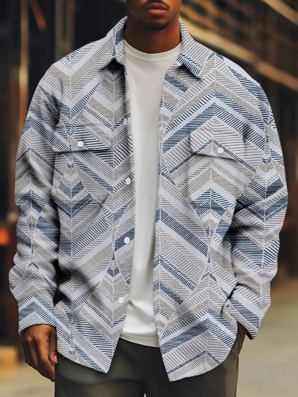 Men's Corduroy Geometric Retro Print Shirt Jacket