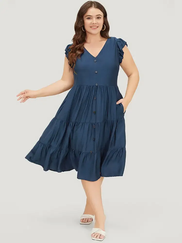 Plain Pocket Button Detail Ruffle Layered Hem Dress