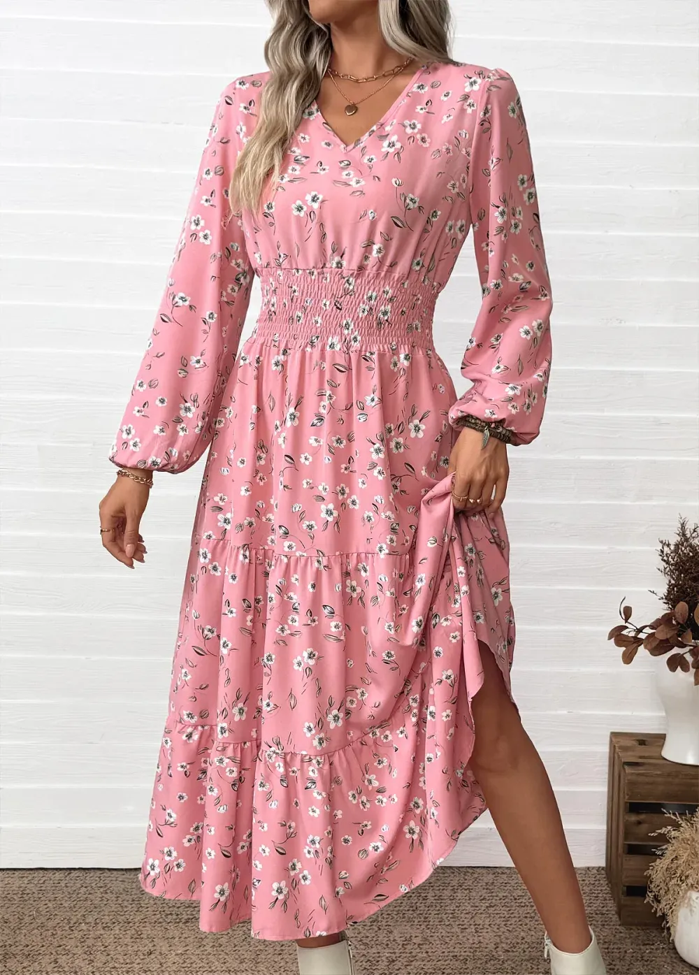 Pink Tummy Coverage Ditsy Floral Print Long Sleeve Dress