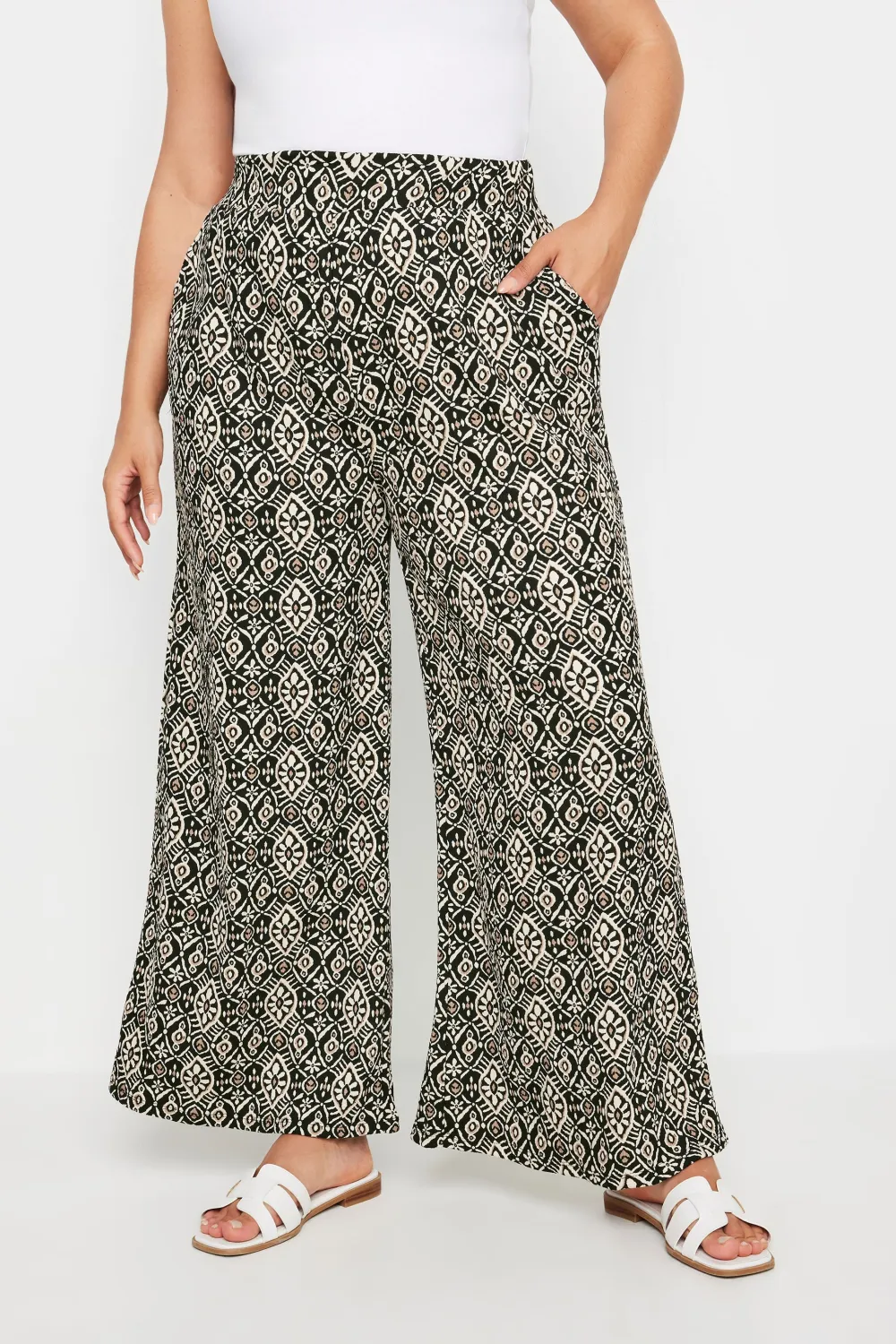 YOURS Curve Blue Abstract Print Textured Wide Leg Trousers