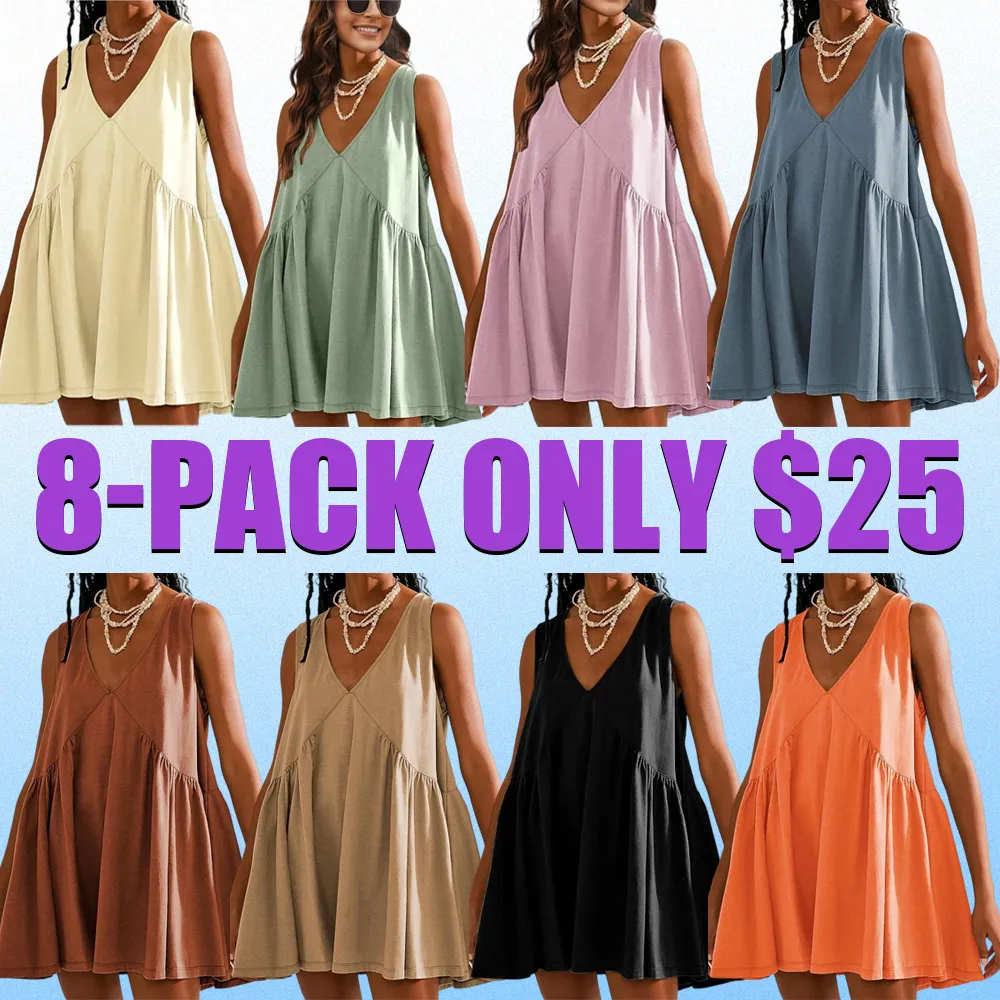 Womens Summer Sleeveless Mini Dress Casual Loose V Neck Sundress with Pockets