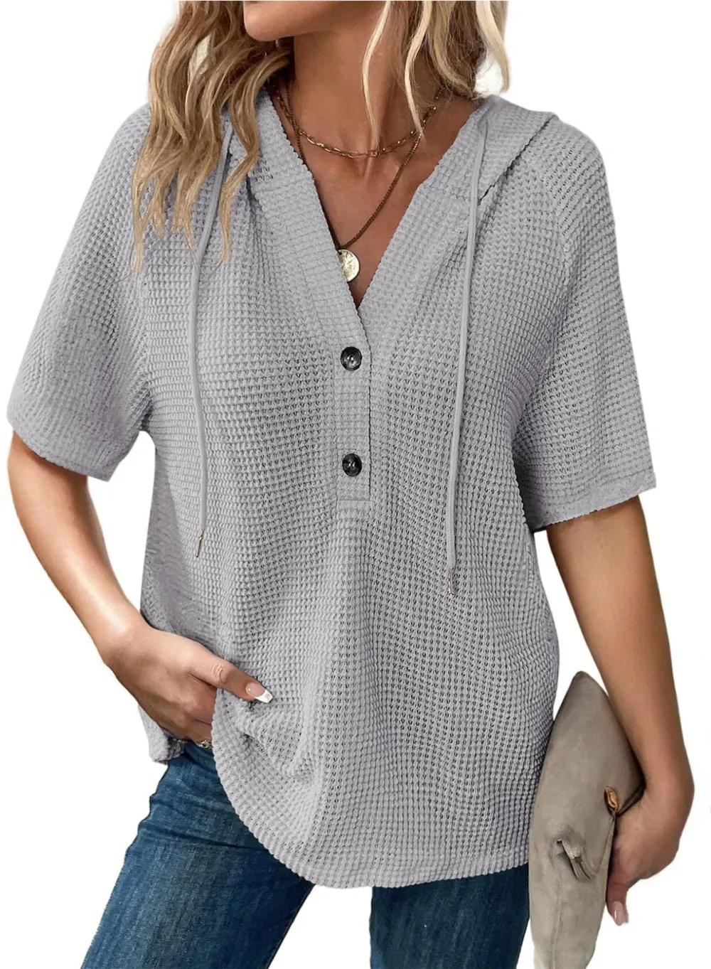 ✨Women's Waffle Knit Button V Neck Short Sleeve Lightweight Drawstring Hoodies(BUY 2 10% off)