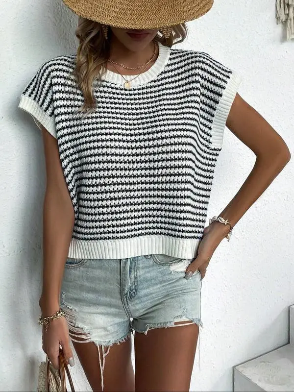 Women's Striped Print Round Neck Knit Top, Vacation Clothes