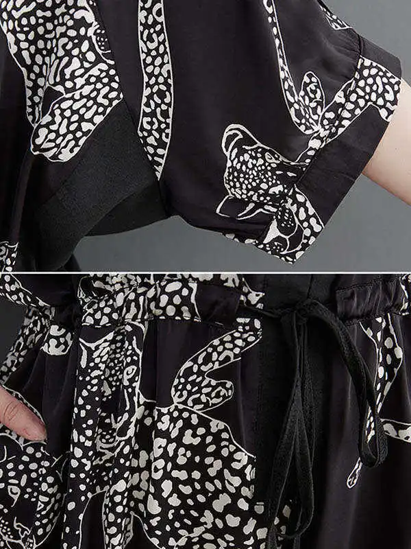 Vintage Original Floral Leopard Printed Split-Joint Tied V-Neck Half Sleeves Wide Leg Jumpsuits