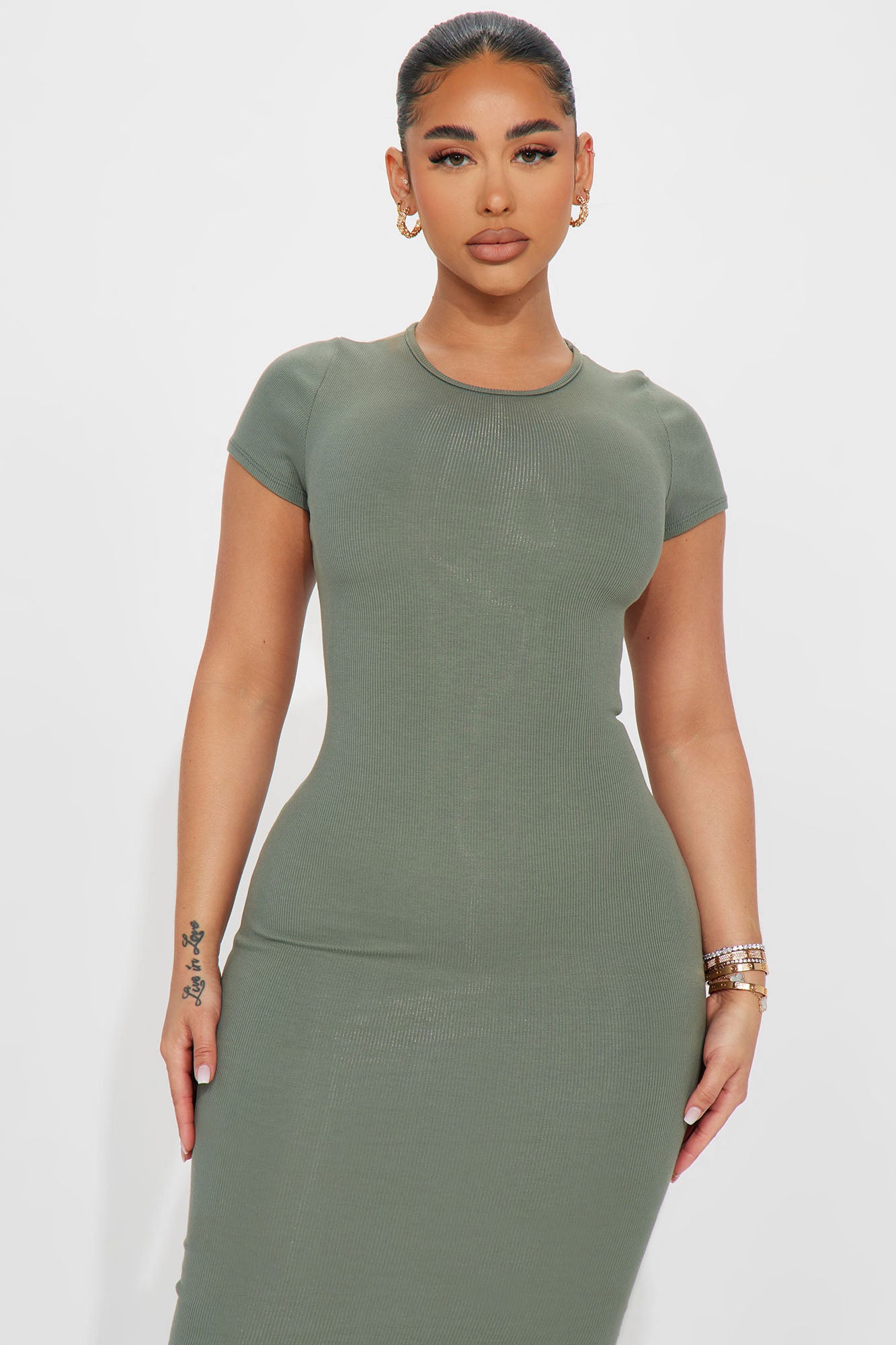 Snatch Me Up Ribbed Midi Dress - Olive