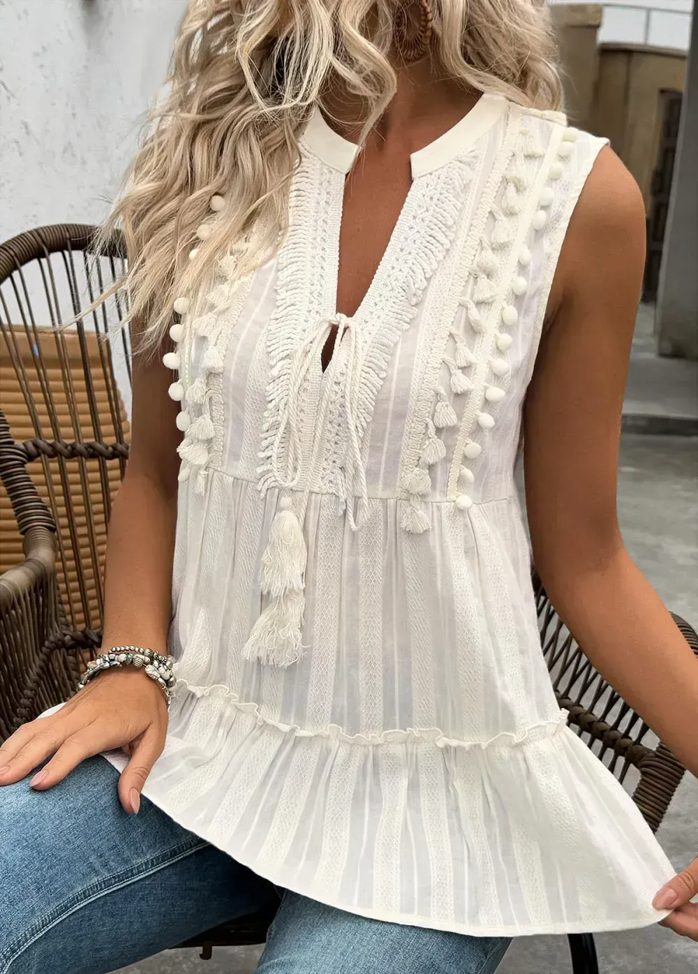 Beige Sleeveless V Neck Tank Top