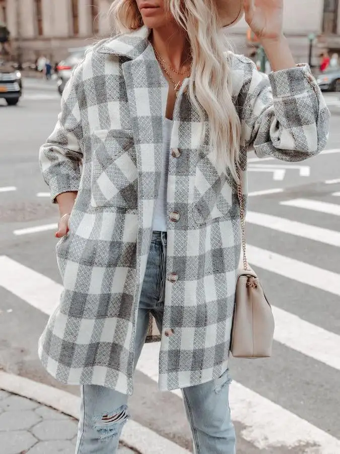 Lapel plaid pocket winter coat