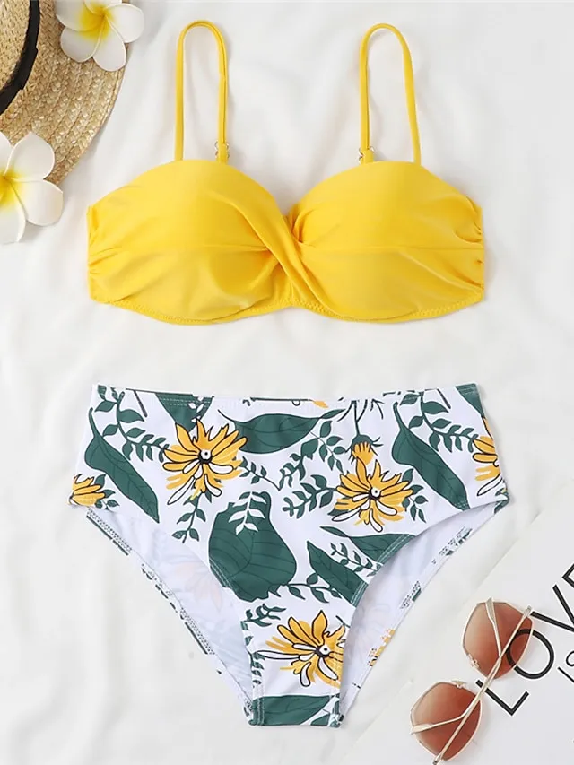 Women's Swimwear Bikini 2 Piece Normal Swimsuit 2 Piece Open Back Sexy Printing High Waisted Floral Leaves Black Yellow Navy Blue Royal Blue Blue Strap Bathing Suits Sexy Vacation Fashion