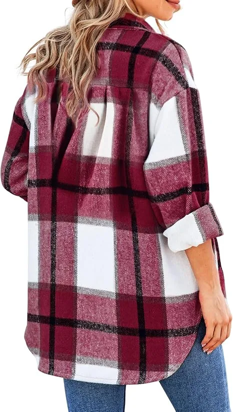 Women's Casual Shacket Jacket Plaid Shirts Flannel Blouses Button-Down Shirts