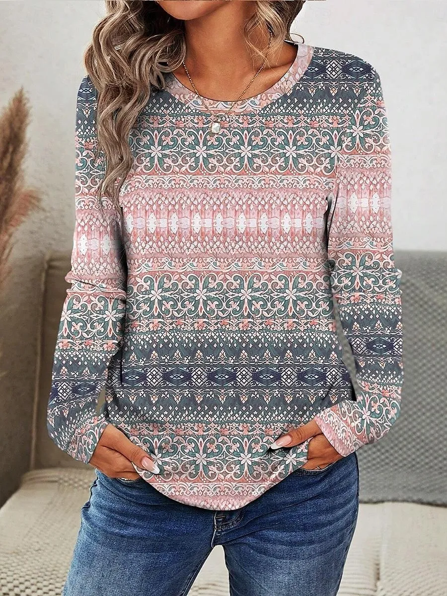 Women's T shirt Long Sleeve Crew Neck Long Sleeve Tunic Graphic Geometric Stylish Casual Trendy Regular Tops Daily Weekend Print Pink Blue Fall Prefall