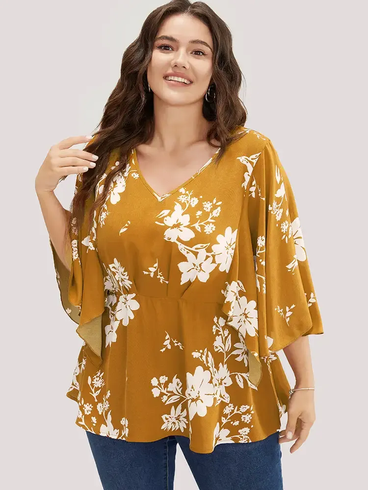Floral Printed Plicated Detail Flutter Sleeve Blouse