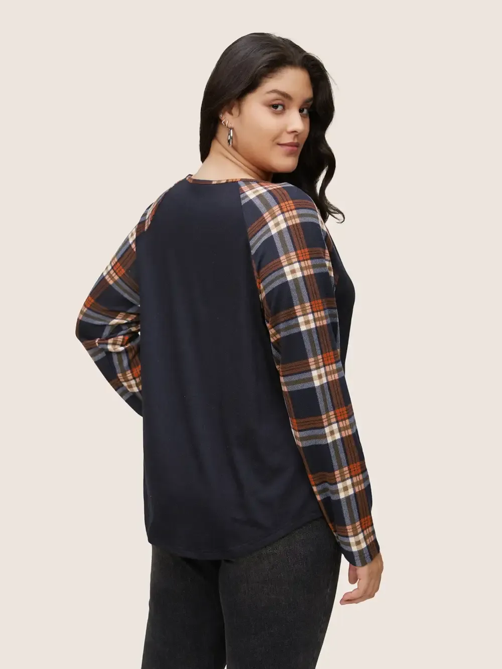 Plaid Patchwork Raglan Sleeve Crisscross T-Shirt