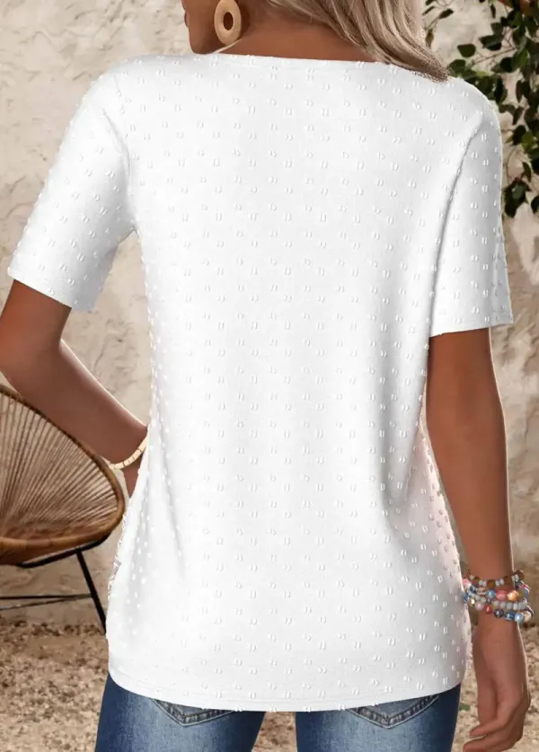White Embroidery Short Sleeve Split Neck T Shirt