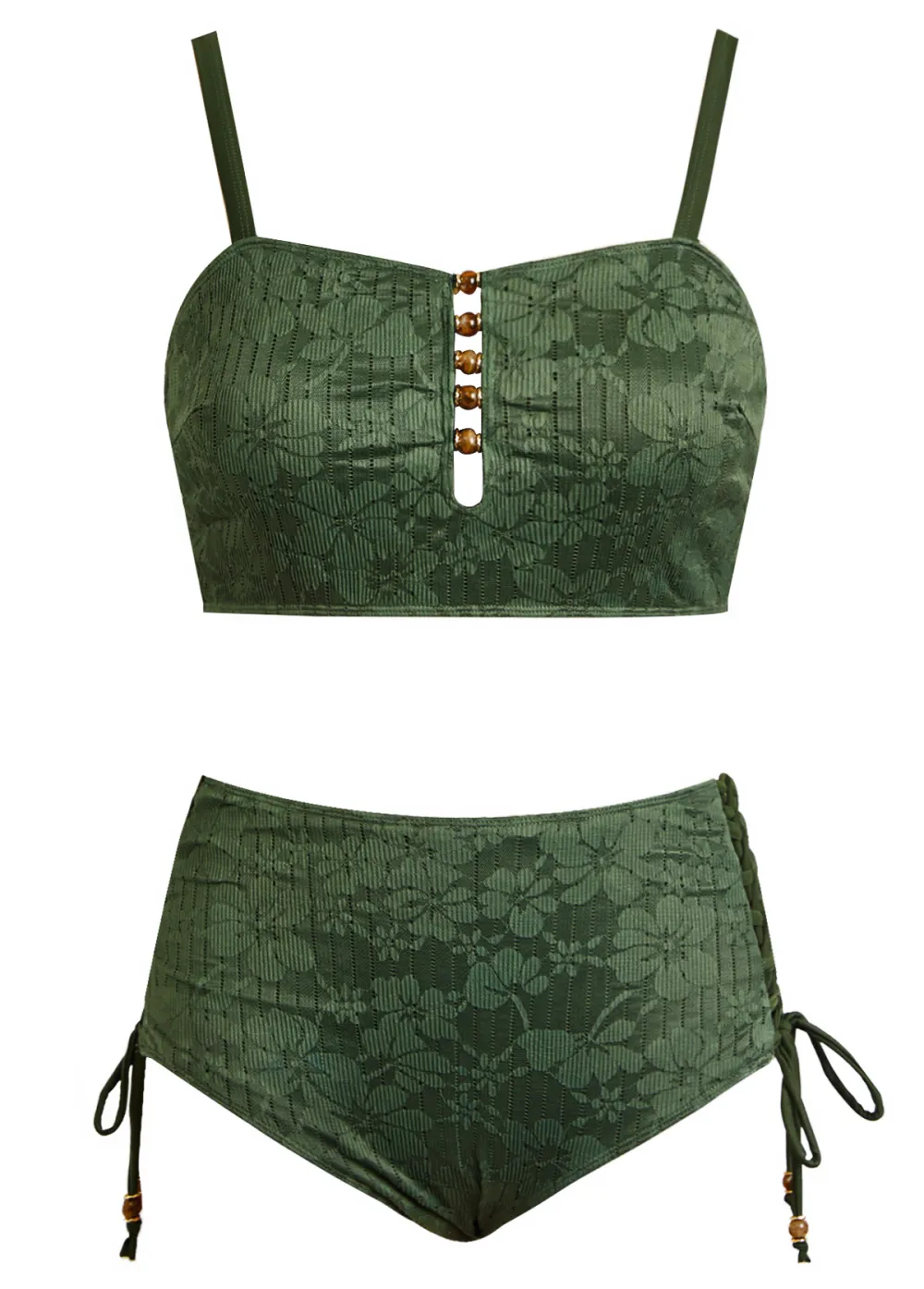 Lace Up Beaded Olive Green Bikini Set