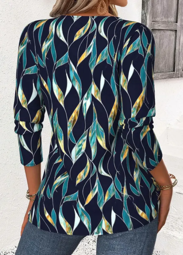 Navy Leaf Print Long Sleeve Split Neck Blouse