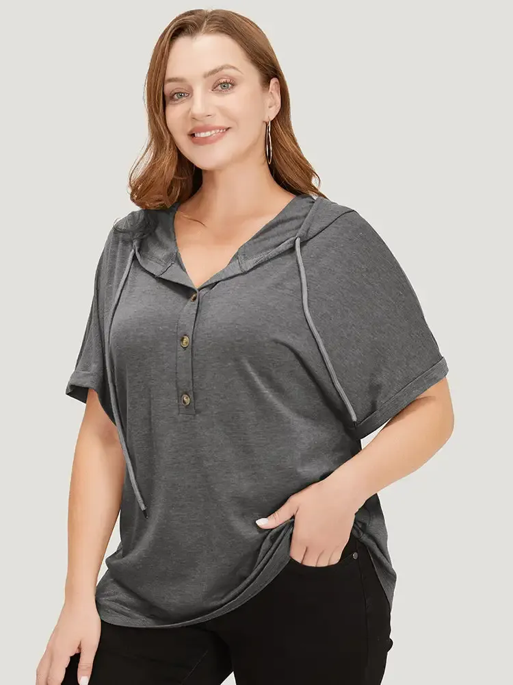 Plain Drawstring Roll Sleeve Button Up Hooded T-shirt