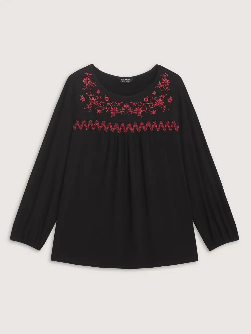 Floral Embroidery Neckline Shirred Knit Top