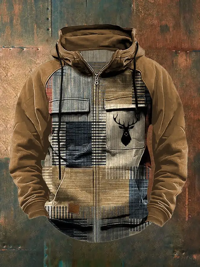 Men's Retro Casual Plaid Elk Contrast Color Jacket