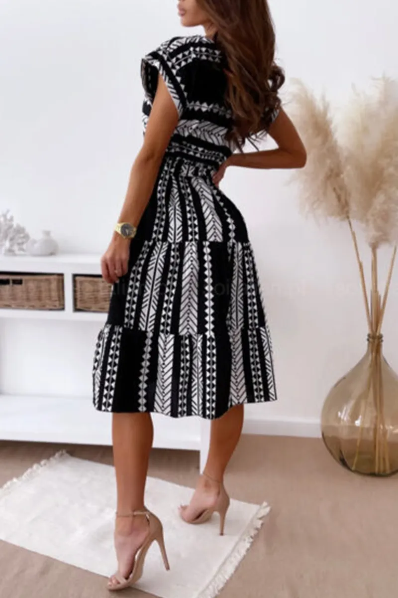 Casual Print Split Joint O Neck Waist Skirt Dresses(3 colors)
