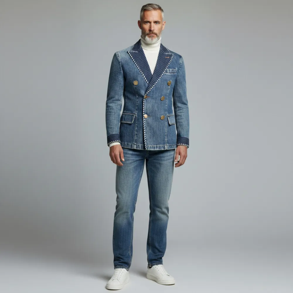 Men's Blue Striped Patchwork Peak Lapel Double Breasted Long Sleeve Denim Blazer