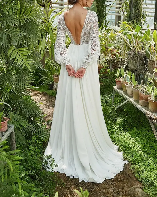 Lace V-Neck Long Sleeve Dress