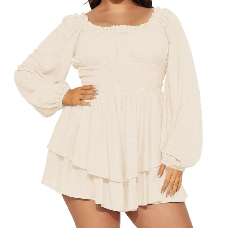 Women Plus Size Rompers Playsuits, Swiss Dot Boat Neck Off Shoulder Long Sleeve, Spring Fall Short Jumpsuits Streetwear
